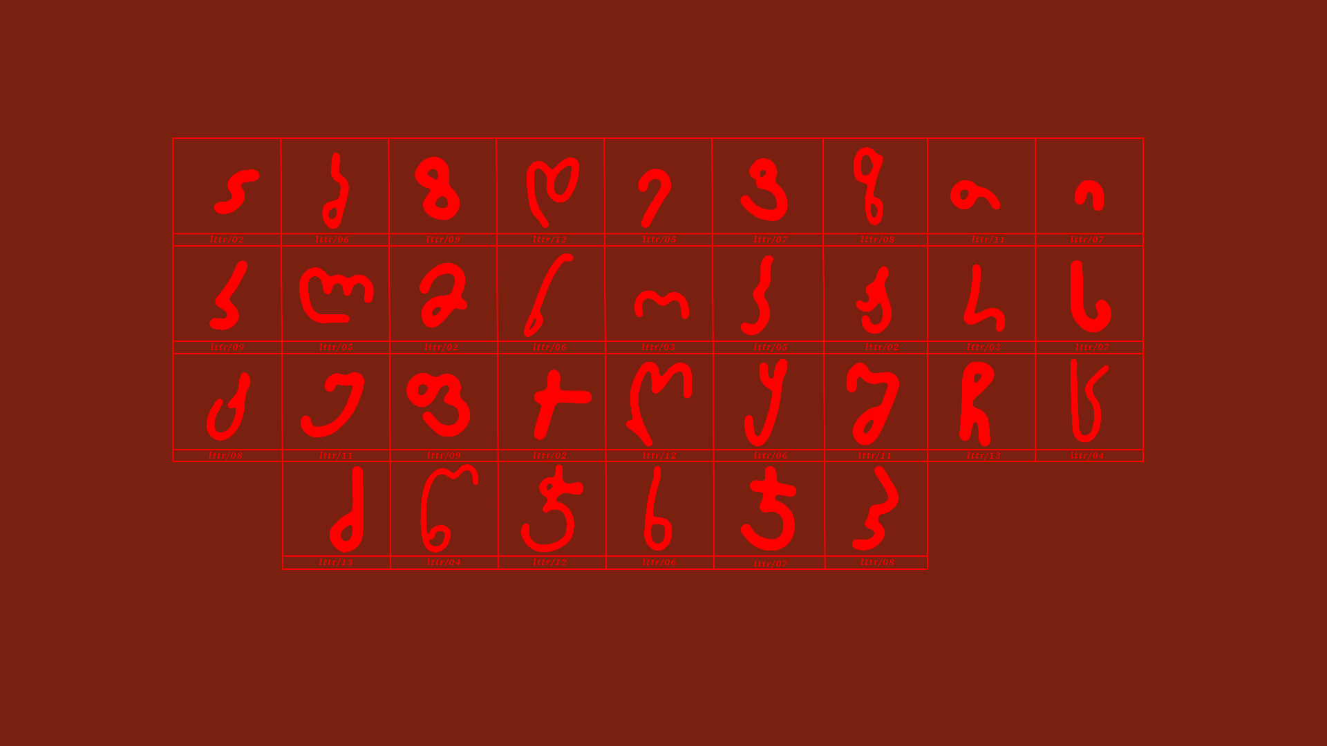 Grid of hand-traced Georgian letterforms labeled by contributor