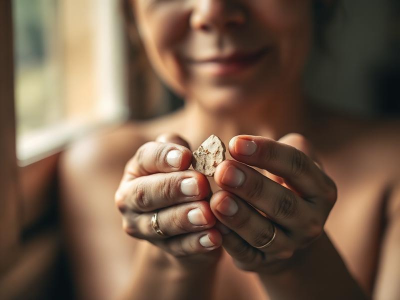 Hands holding a small ceramic shard