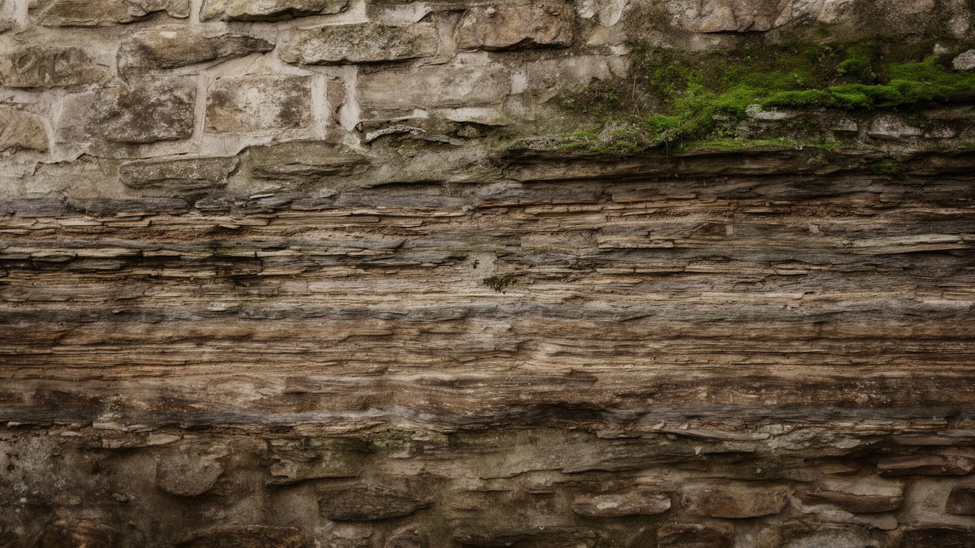 Layered stone wall with moss — a wall as a record of time.